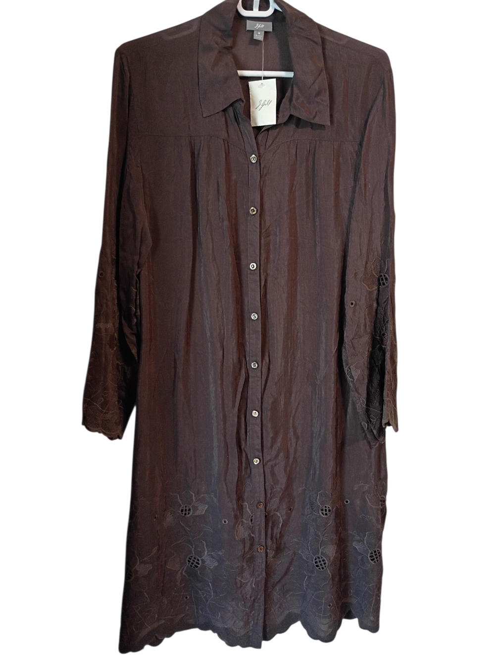 J. Jill Embroidered Floral Brown Long-Sleeve Button-Front Shirt Dress NWT Sz M